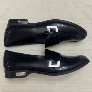 Marc Fisher Black Leather Loafers with Cushioned Sole & Silver Accents 5 1/2